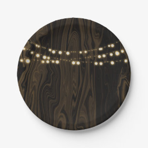 Rustic Brown Whimsical Wood String Lights Wedding Paper Plates