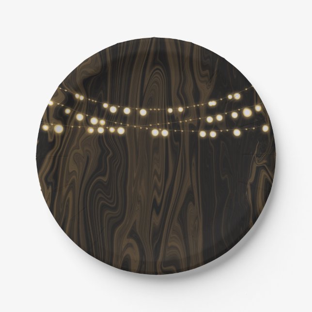 Rustic Brown Whimsical Wood String Lights Wedding Paper Plates (Front)