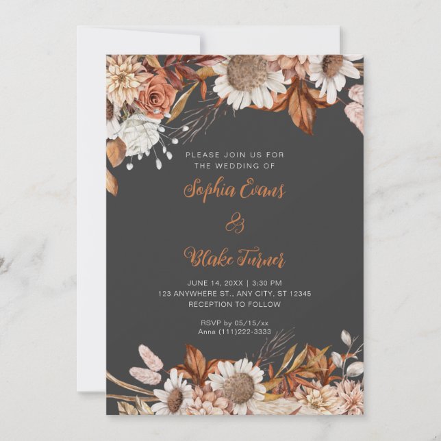 Rustic Brown White Flowers Boho Gray Wedding Invitation (Front)