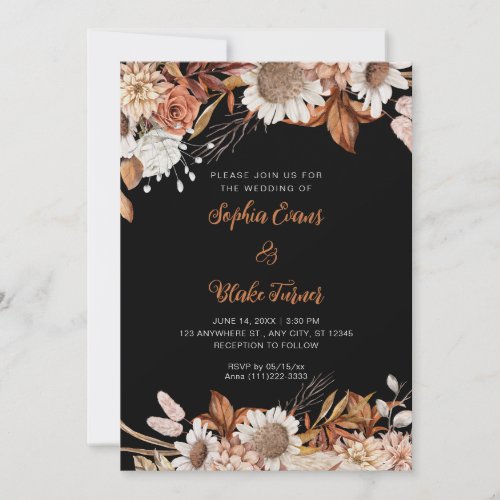 Rustic Brown White Flowers Boho Gray Wedding Invitation