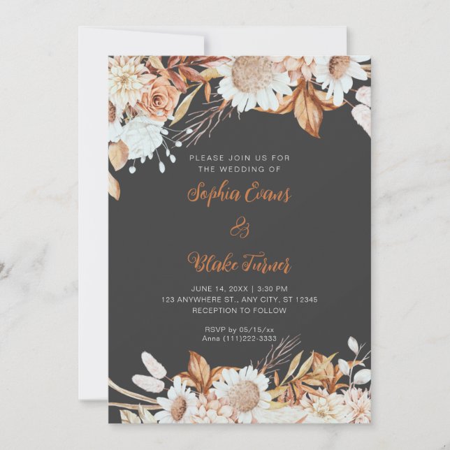 Rustic Brown White Flowers Boho Gray Wedding Invitation (Front)