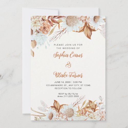 Rustic Brown White Flowers Boho Off White Wedding Invitation