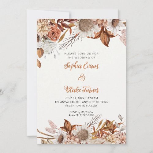 Rustic Brown White Flowers Boho Off White Wedding Invitation