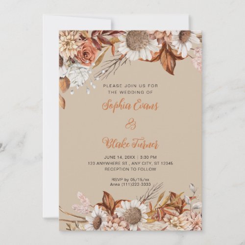 Rustic Brown White Flowers Boho Vanilla Wedding Invitation