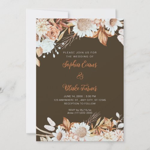 Rustic Brown White Flowers Boho Wood Brown Wedding Invitation