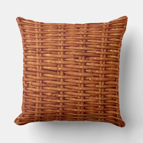Rustic Brown Wicker Picnic Basket Country Style Throw Pillow