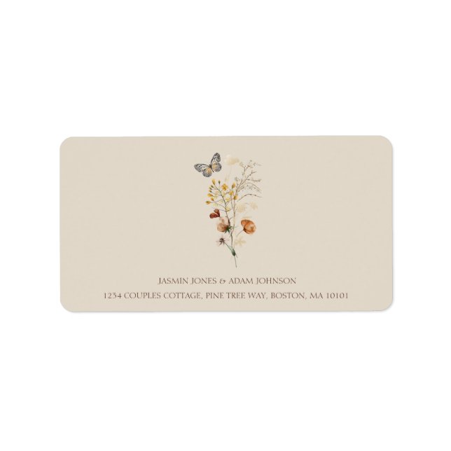 Rustic Brown Wildflowers and Butterflies Wedding Label (Front)