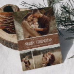 Rustic Brown Winter Christmas 3 Photo Collage Holiday Card<br><div class="desc">This simple and rustic holiday design features a collage of your three best family photos over a rustic paper texture in brown color and the word "Merry Christmas" in vintage script text . Perfect for farmhouse style greeting cards. Easily add your best photo, your family names and year using the...</div>