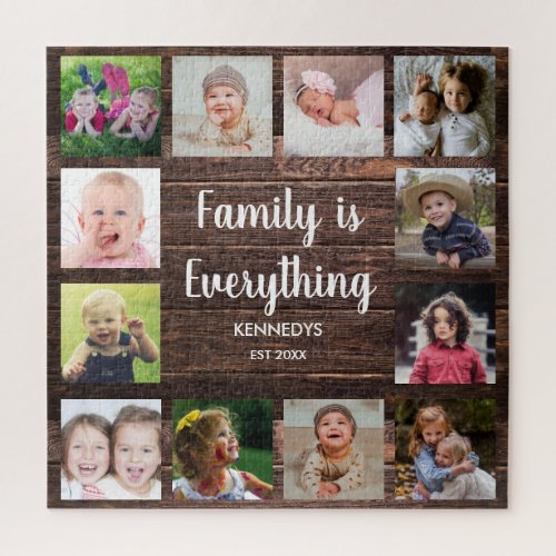 Rustic Brown Wood 12 Photo Collage Family Jigsaw Puzzle