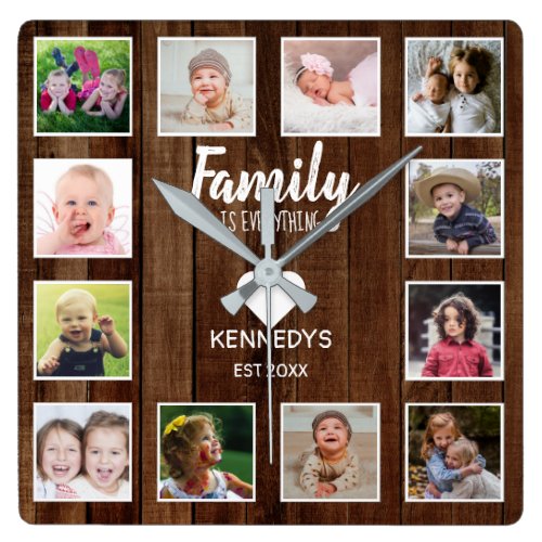 Rustic Brown Wood 12 Photo Collage Family Quote Square Wall Clock