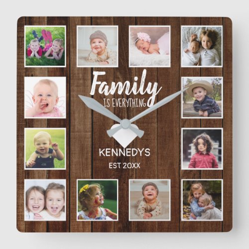 Rustic Brown Wood 12 Photo Collage Family Quote Square Wall Clock