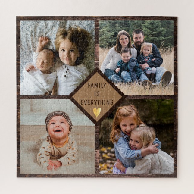 Rustic Brown Wood 4 Family Photo Collage Jigsaw Puzzle (Vertical)