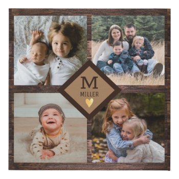 Rustic Brown Wood 4 Family Photo Collage Monogram Faux Canvas Print by InitialsMonogram at Zazzle