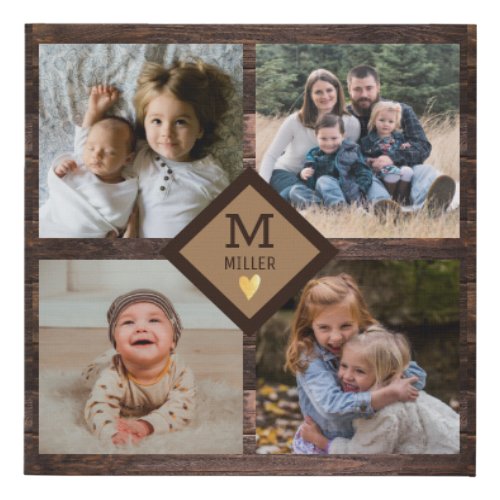 Rustic Brown Wood 4 Family Photo Collage Monogram Faux Canvas Print