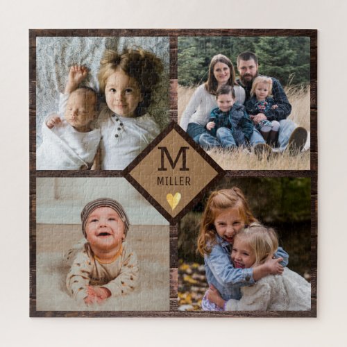 Rustic Brown Wood 4 Family Photo Collage Monogram Jigsaw Puzzle