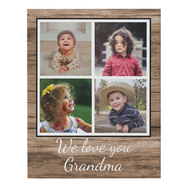 Rustic Brown Wood 4 Photo Collage Grandma Faux Canvas Print (Front)