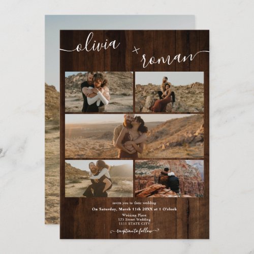 Rustic brown wood 6 photos grid collage wedding invitation