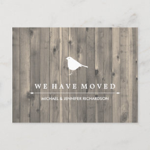 Rustic Brown Wood and Sweet Bird Change of Address Announcement Postcard