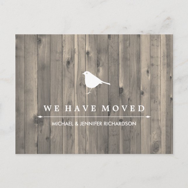 Rustic Brown Wood and Sweet Bird Change of Address Announcement Postcard (Front)