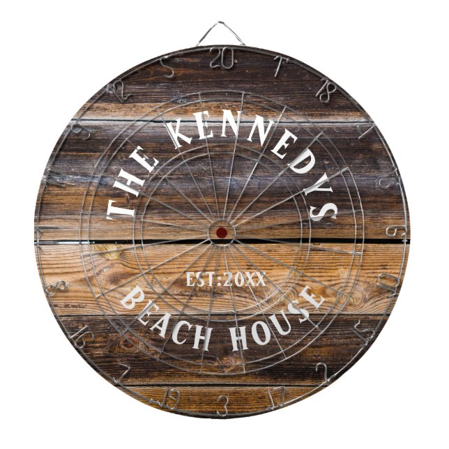 Rustic Brown Wood Beach house Family Name  Dart Board (Front)