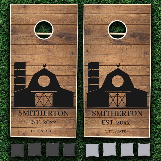 Rustic Brown Wood Black Barn Farm Family  Cornhole Set (Barn and rustic wood custom cornhole set)