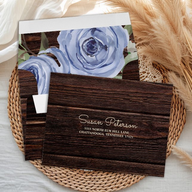 Rustic Brown Wood Blue Floral RSVP Return Envelope (Dusty blue watercolor floral and rustic wood wedding RSVP return envelope)