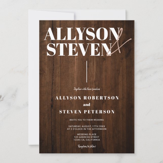 Rustic brown wood bold modern names photo wedding invitation (Front)