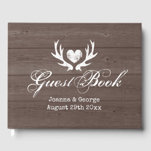 Rustic brown wood country chic deer antler wedding guest book
