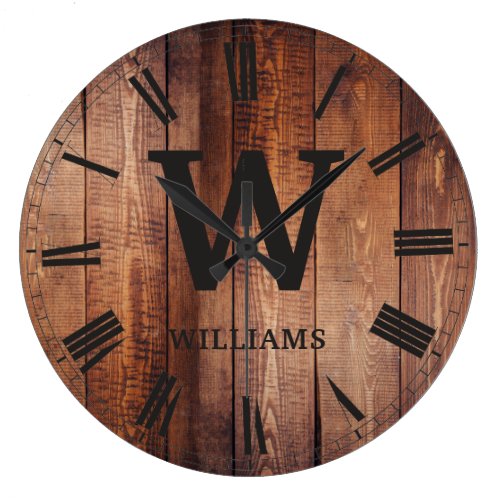 Rustic Brown Wood Custom Family Initial Farmhouse Large Clock