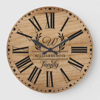 Rustic Brown Wood Custom Family Name Farmhouse  Large Clock