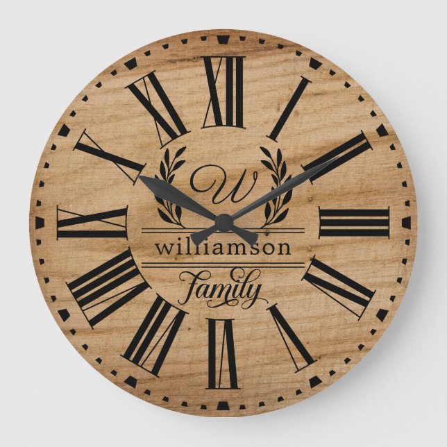 Rustic Brown Wood Custom Family Name Farmhouse  Large Clock (Front)