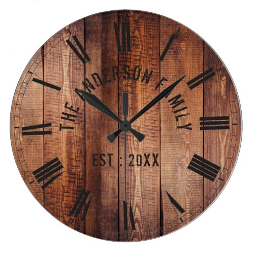 Rustic Brown Wood Custom Family Name Farmhouse Large Clock