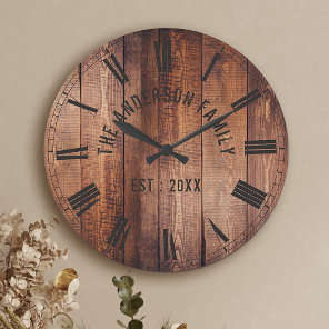 Rustic Brown Wood Custom Family Name Farmhouse Round Clock