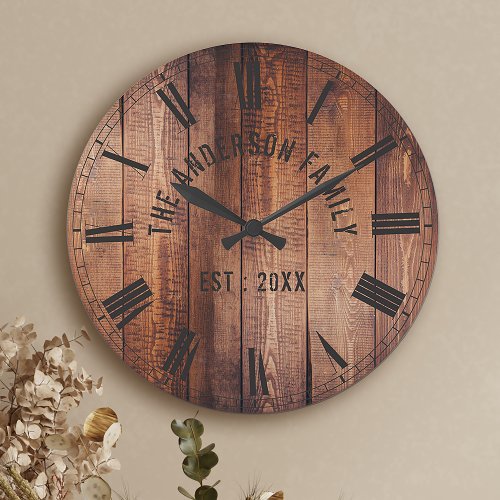 Rustic Brown Wood Custom Family Name Farmhouse Round Clock