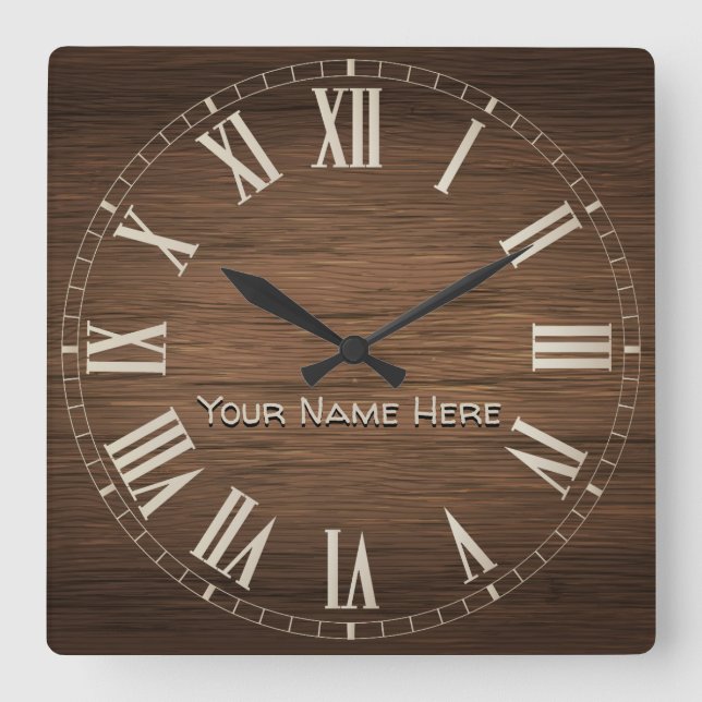 Rustic Brown Wood Custom Name Square Wall Clock (Front)