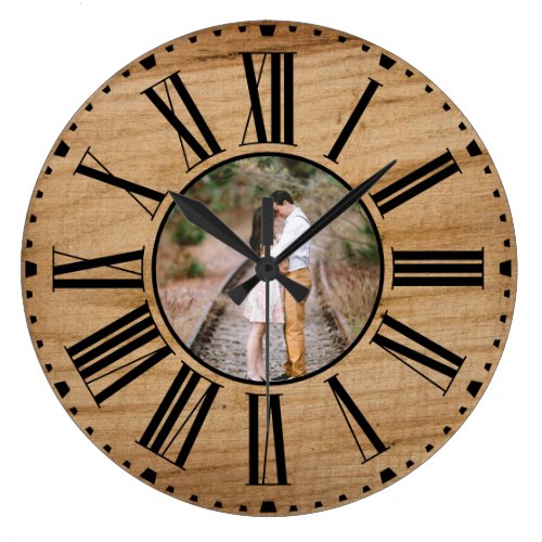 Rustic Brown Wood Custom Photo Farmhouse Large  Large Clock