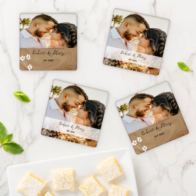 Rustic Brown Wood Custom Photo Wedding  Coaster Set (In Situ)