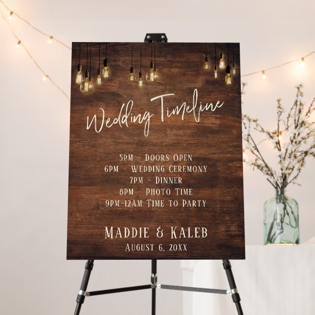 Rustic Brown Wood Edison Lights Wedding Timeline Foam Board (In Situ (Stand))
