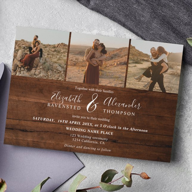 Rustic brown wood Elegant 4 Photos script wedding Invitation (Creator Uploaded)