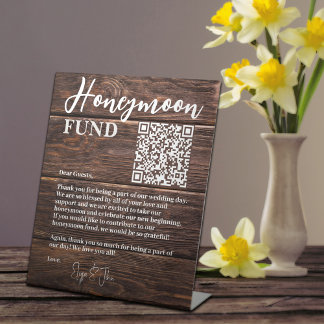 Rustic Brown Wood Elegant QR Code Honeymoon Fund Pedestal Sign