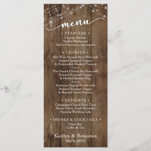 Rustic Brown Wood Fairy Lights, Elegant Typography Menu (Front)