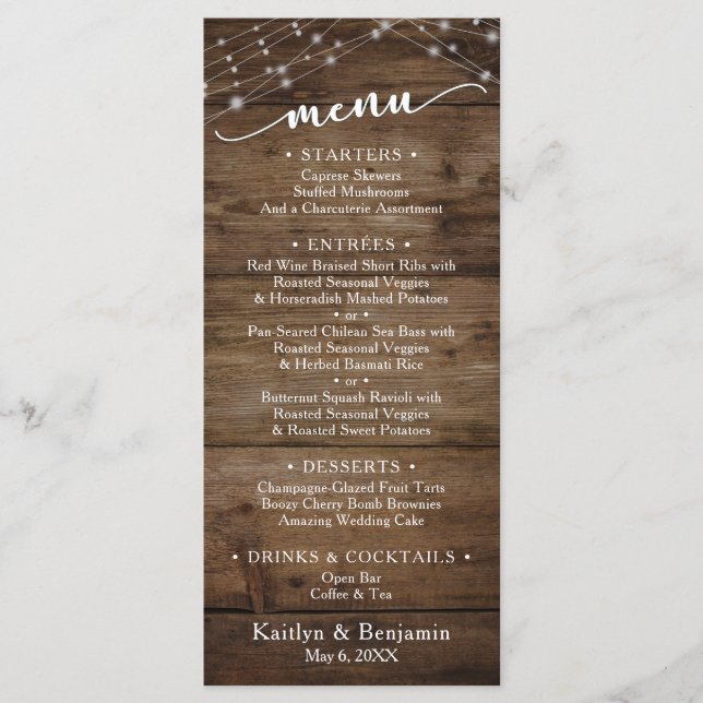 Rustic Brown Wood Fairy Lights, Elegant Typography Menu (Front)