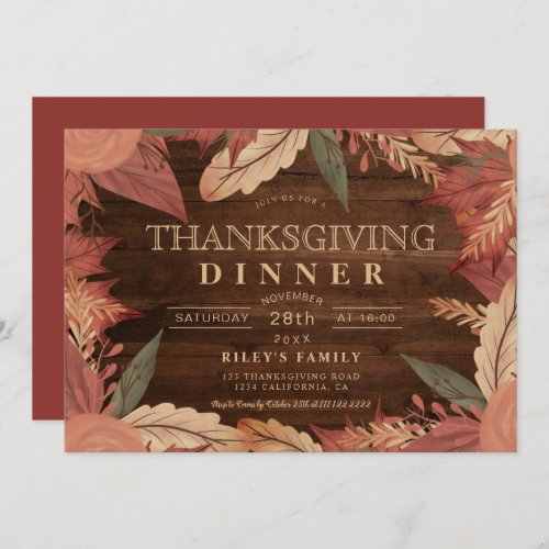 Rustic brown wood fall leaf floral thanksgiving invitation