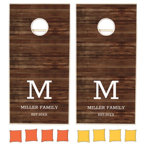 Rustic Brown Wood Family Monogram Cornhole Set