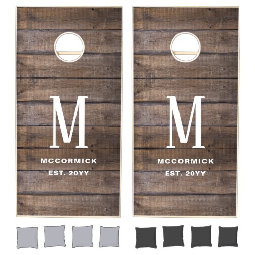 Rustic Brown Wood Family Monogram Name Cornhole Set