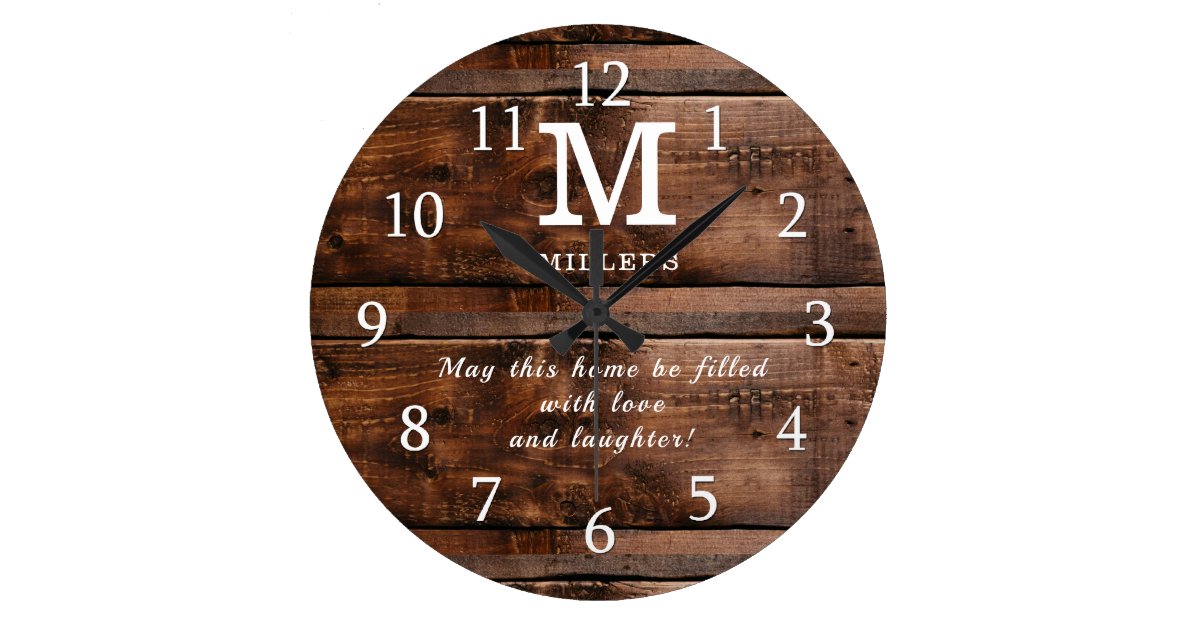 Rustic Brown Wood Family Monogram Quote Large Clock Zazzle Com