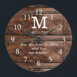 Rustic Brown Wood Family Monogram Quote Large Clock<br><div class="desc">A rustic wood clock with an inspirational family quote “May this home be filled with love and laughter”. Personalize with family name and monogram initial letter.</div>