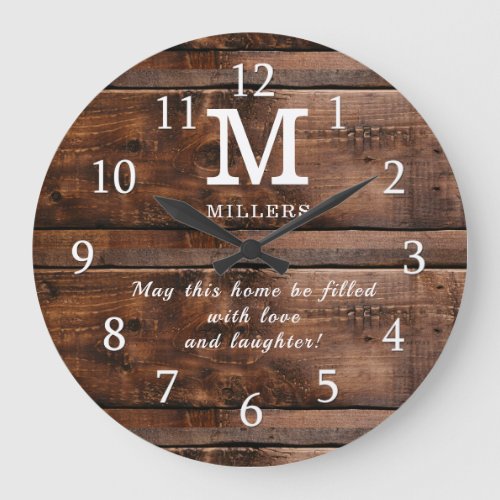 Rustic Brown Wood Family Monogram Quote Large Clock