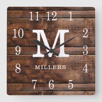 Rustic Brown Wood Family Name Monogram Farmhouse Square Wall Clock by InitialsMonogram at Zazzle