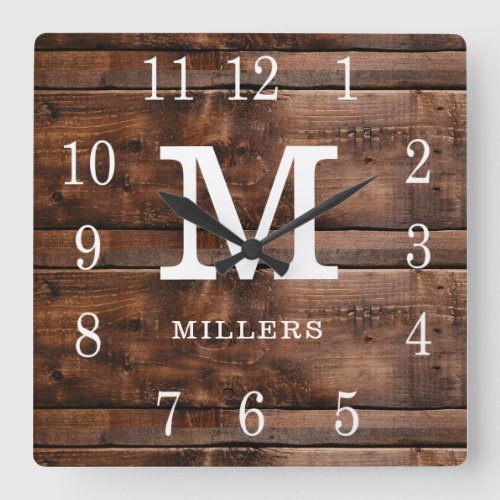 Rustic Brown Wood Family Name Monogram Farmhouse Square Wall Clock